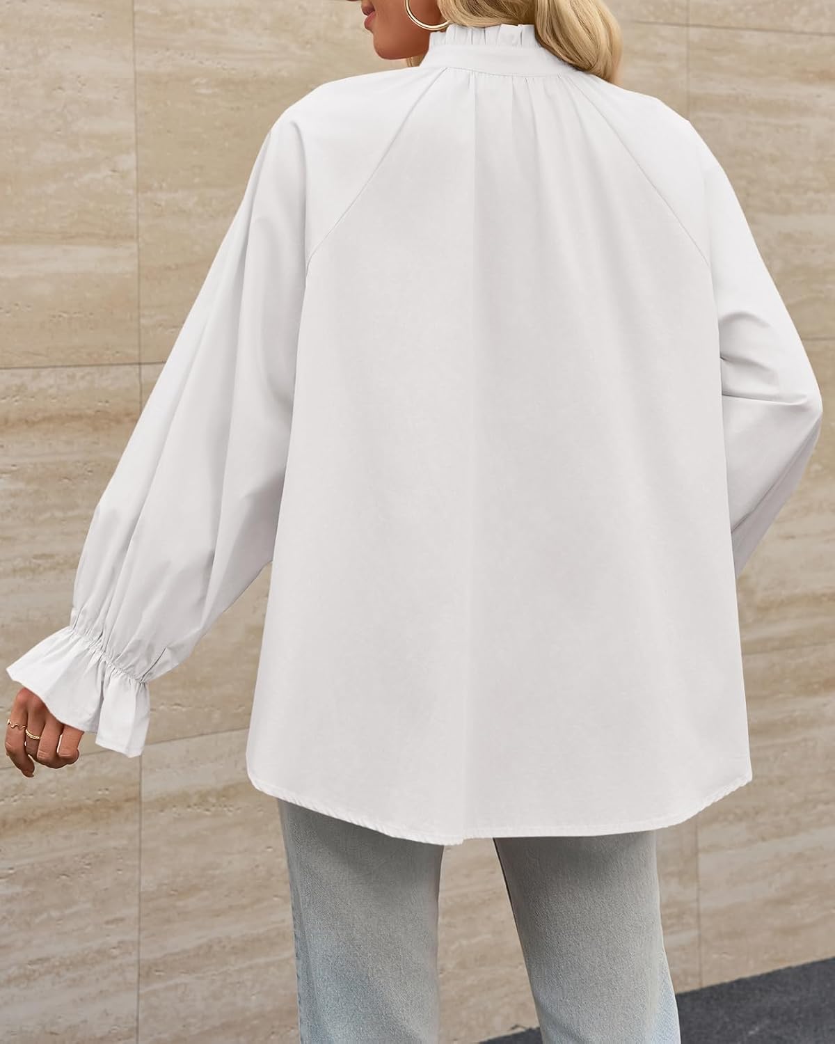 Tankaneo Womens Puff Long Sleeve Button Down Shirts Pleated V Neck Cotton Blouses Loose Fit Casual Ruffle Tops - Image 7