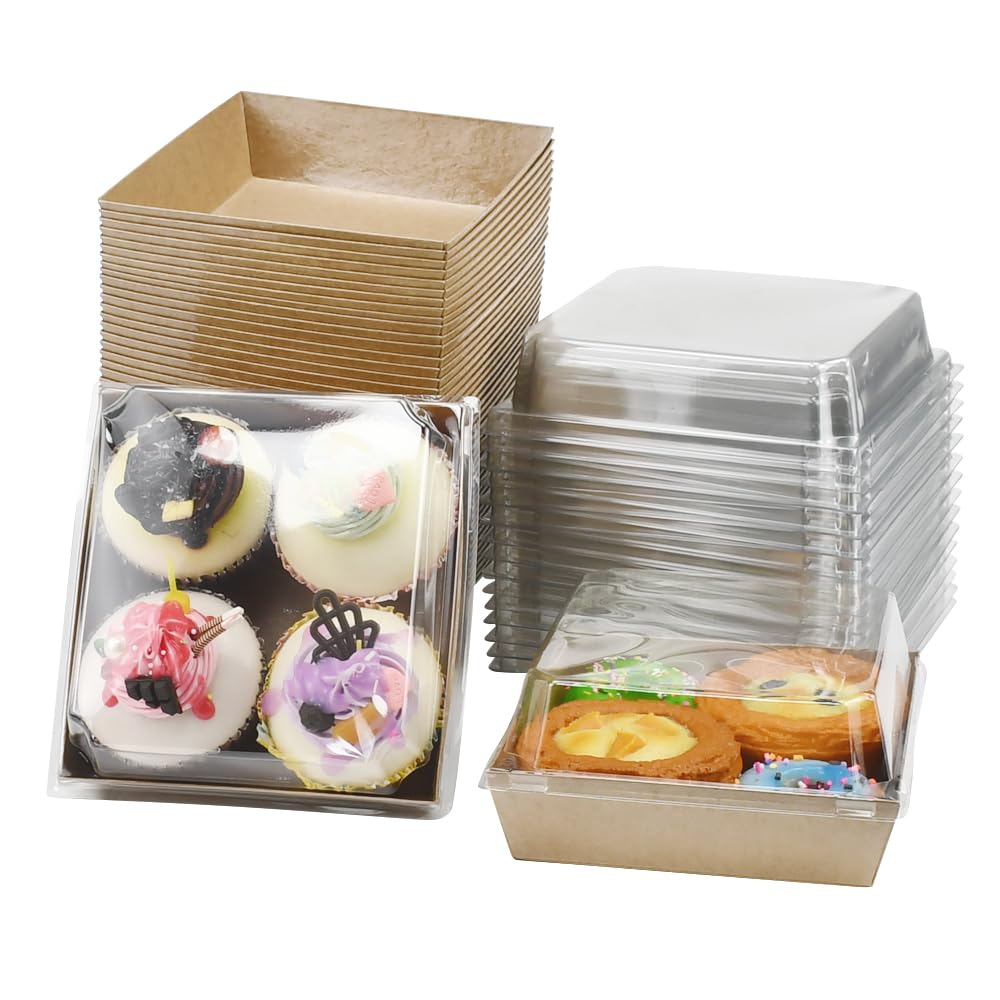 50 scatole per fette di torta con coperchio trasparente, 11,9 cm, in carta kraft, per salumi, dolci, a prova di olio, quadrate, per biscotti, da asporto, scatole singole per torte per porzioni