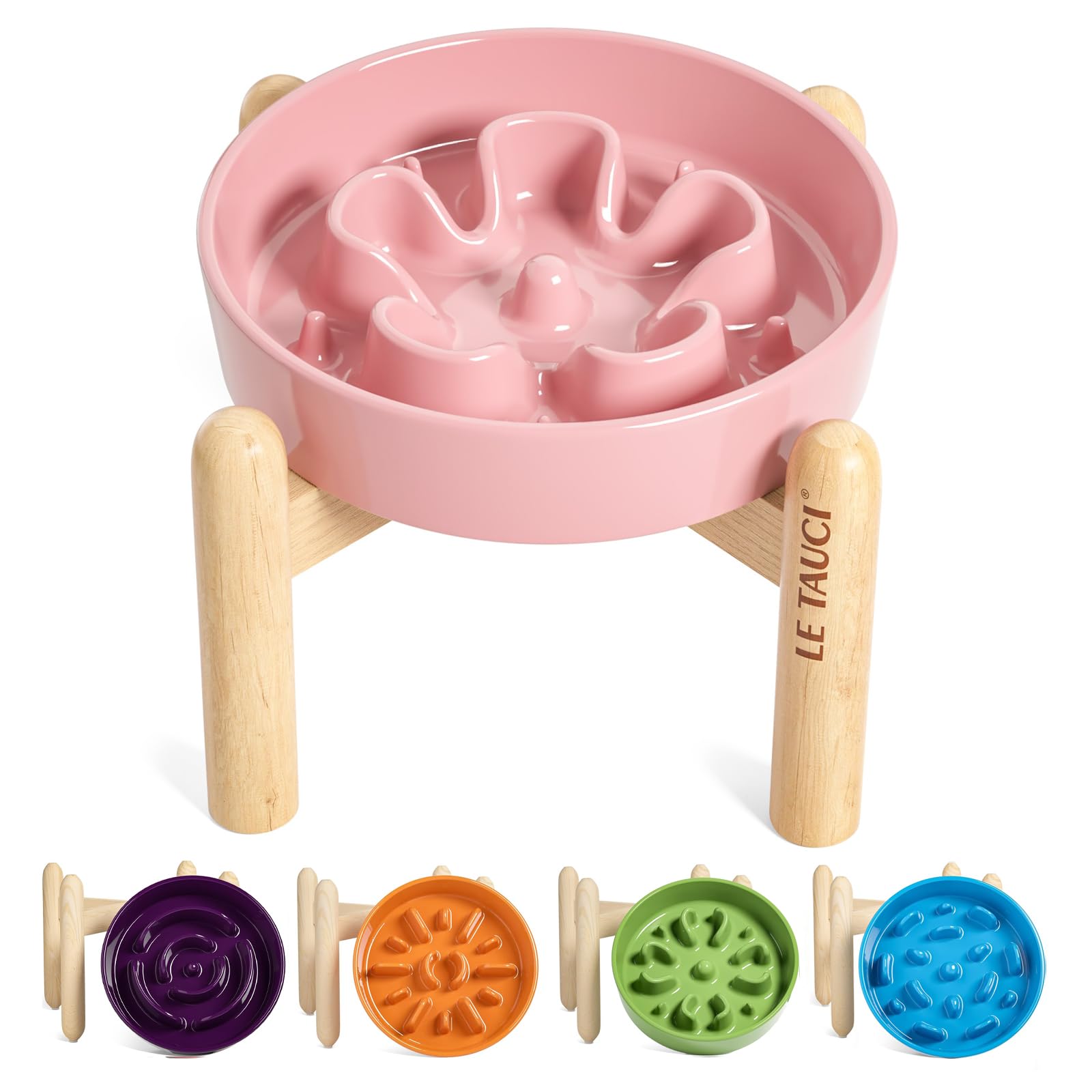 LE TAUCI Ceramic Slow Feeder Dog Bowls Elevated, Small 350 ml Pink Bloom — image 1