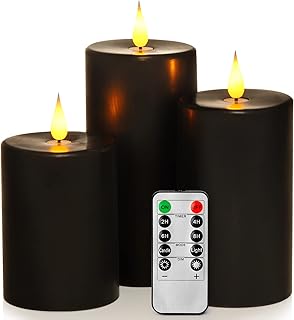 Flameless Candles Battery Operated Pillar 4" 5" 6" Black Real Wax 3D Wick Electric LED Decorative Candle Sets with Remote Control Cycling 24 Hours Timer, Set of 3
