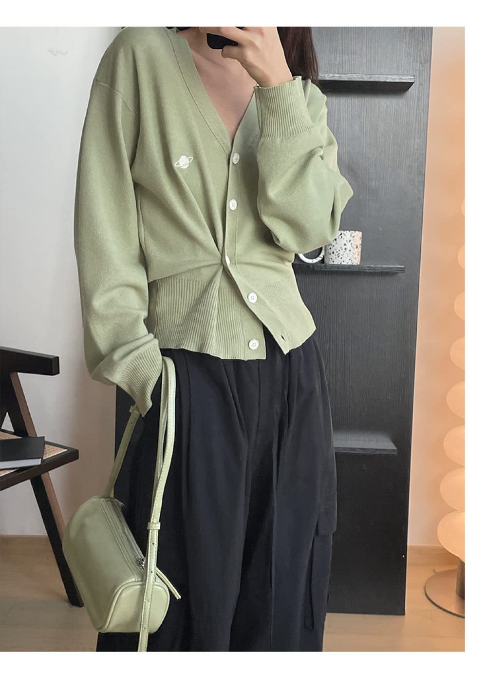 Strickjacke Damen,Damen-Strickjacken Mantel Stilvolle Salbeigrüne Planetenstickerei V-Ausschnitt Pullover Strickjacke Langarm Seitenknöpfe Open Front Strickjacke Frühling Lose Strickoberbekleidun