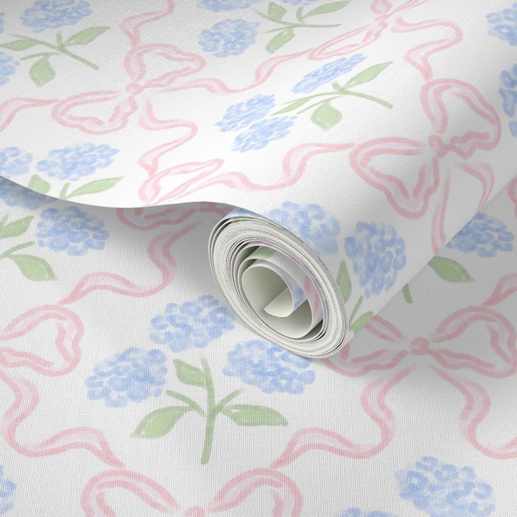 Spoonflower Peel & Stick Wallpaper 3ft x 2ft - Preppy Bow Floral Delicate Pastel Flowers Feminine Traditional Easter Hydrangea Blue Pink White Custom Removable Wallpaper