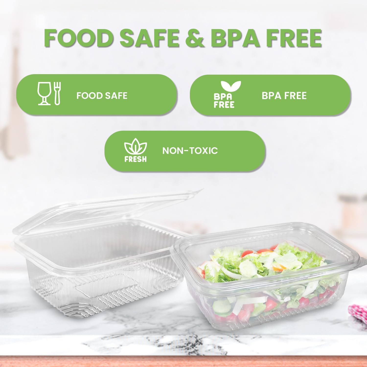 Klex 200 Hinged Food Containers with Flat Lid, BPA Free Clamshell Takeout Container for Salad & Dessert, 16 Oz, 5"x4.4"x2.5", Square, Clear, 200 Count