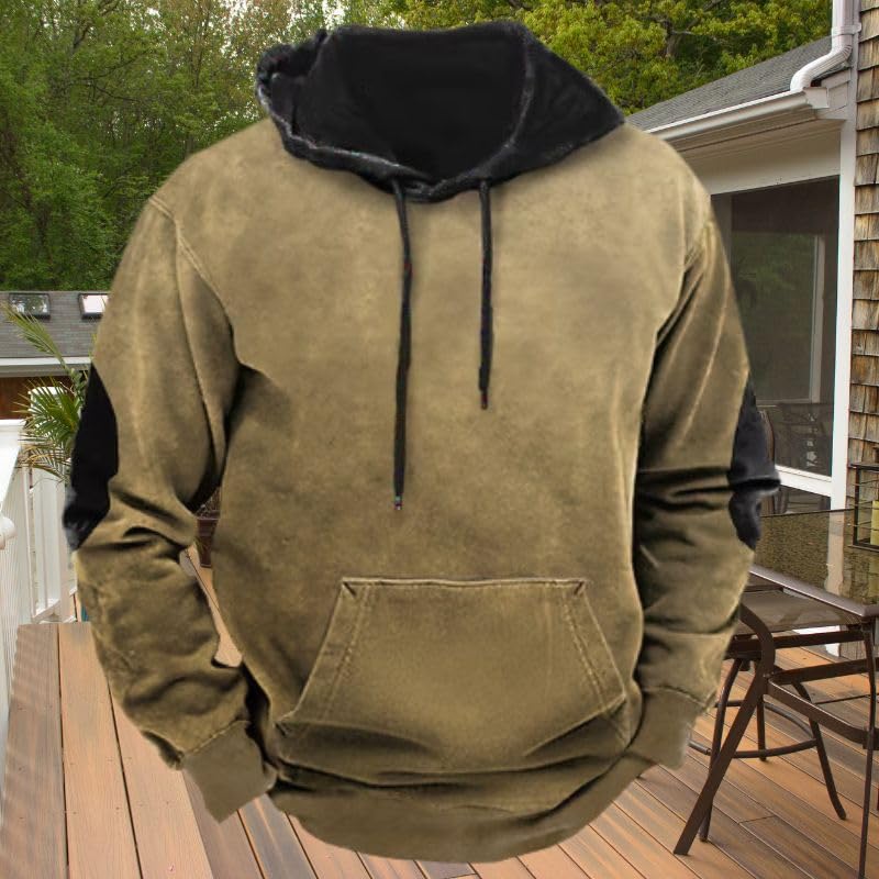 Vintage Color Block Patchwork Hoodies for Men Casual Long Sleeve Elbow Patches Hooded Sweatshirt with Pocket2