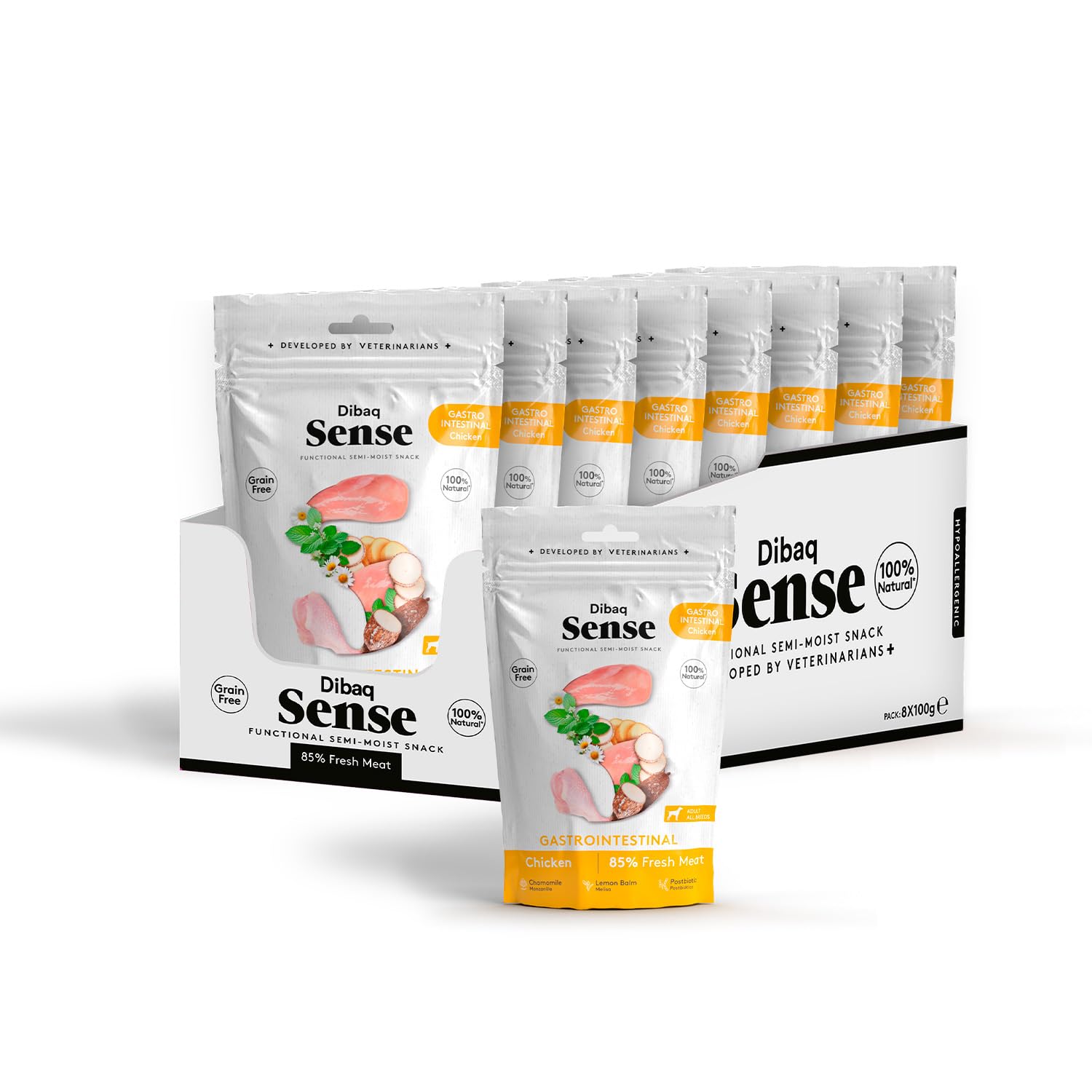Dibaq Sense Dog, Snack para Perros, Grain Free, Light Weight, monoproteico, Pavo sin Cereal, Pack 8 uds x 100 gr (800 gr, Pollo)