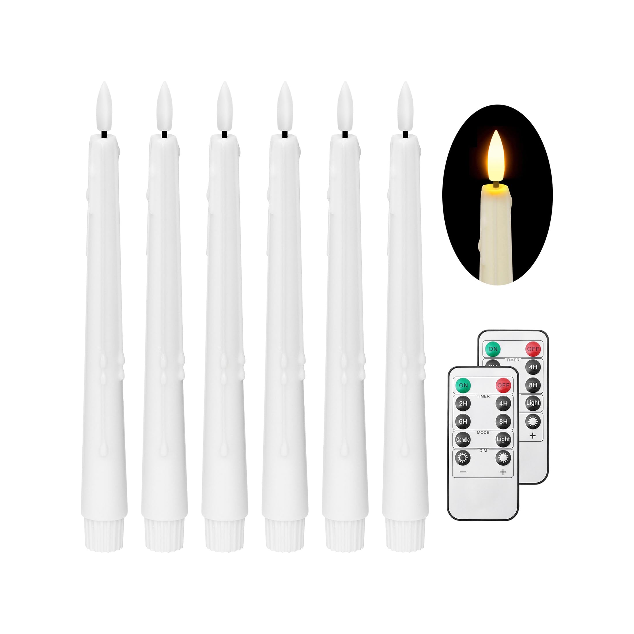 Stmarry White Real Wax LED Flameless Taper Candles with Remote and Timer, 9.65 Inch Flameless Candlesticks, Drip Wax Battery Operated Candles with 3D Flickering Flame - Set of 6