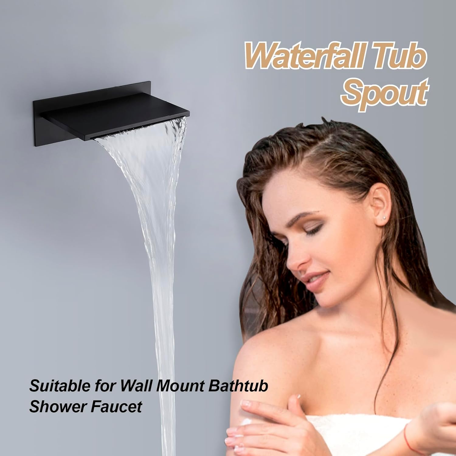Wall Mount Bathtub Spout Waterfall Tub Faucet Modern Bathroom Tub Spout Wall Mounted Tub Sprayer High Flow Tub Filler Spout, Matte Black