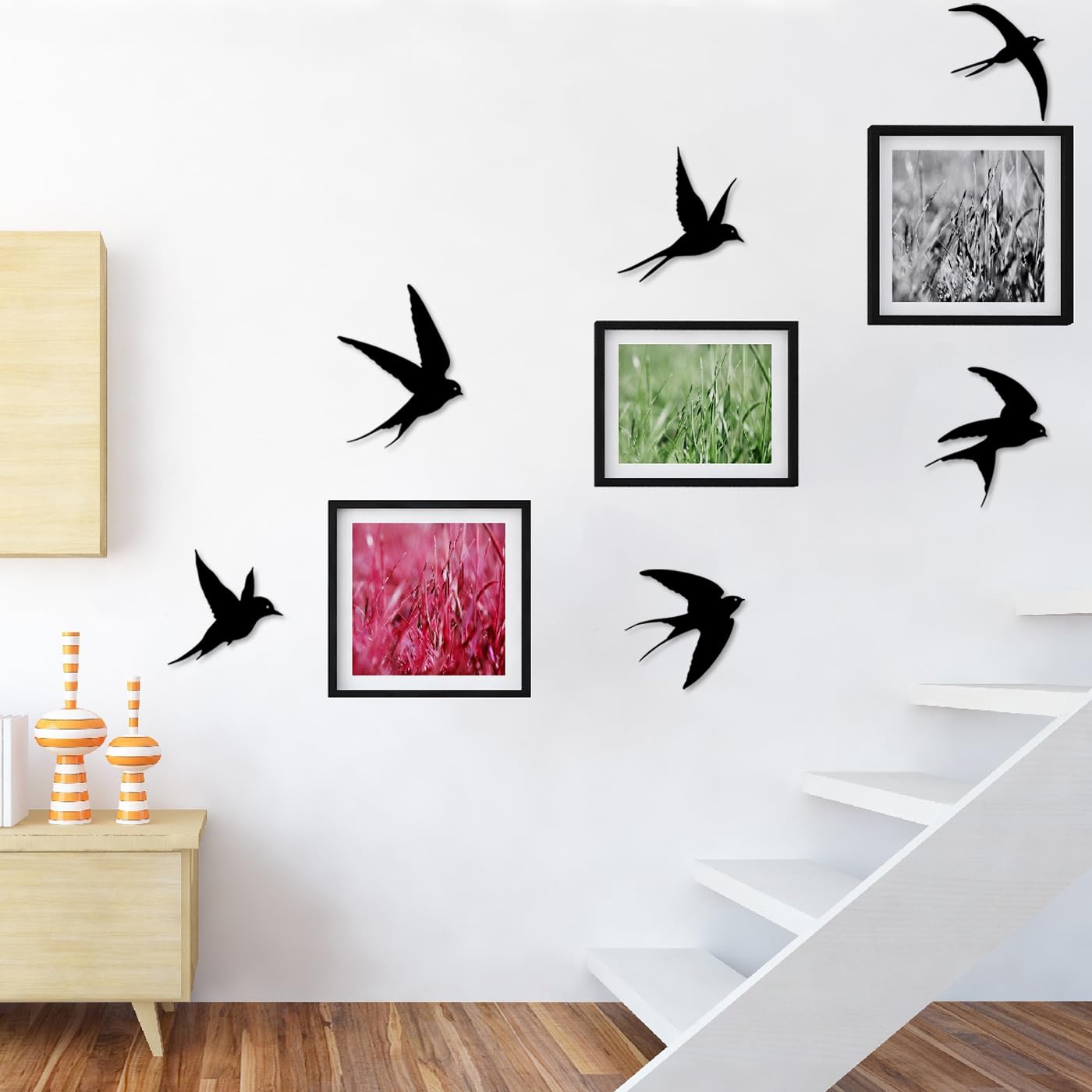 6pcs Pájaros Negros Arte de Pared de Metal Decoración Golondrina Metal Colgante Exterior Pájaro Decorativo Escultura de Pared para Casa Patio Salón Baño Jardín