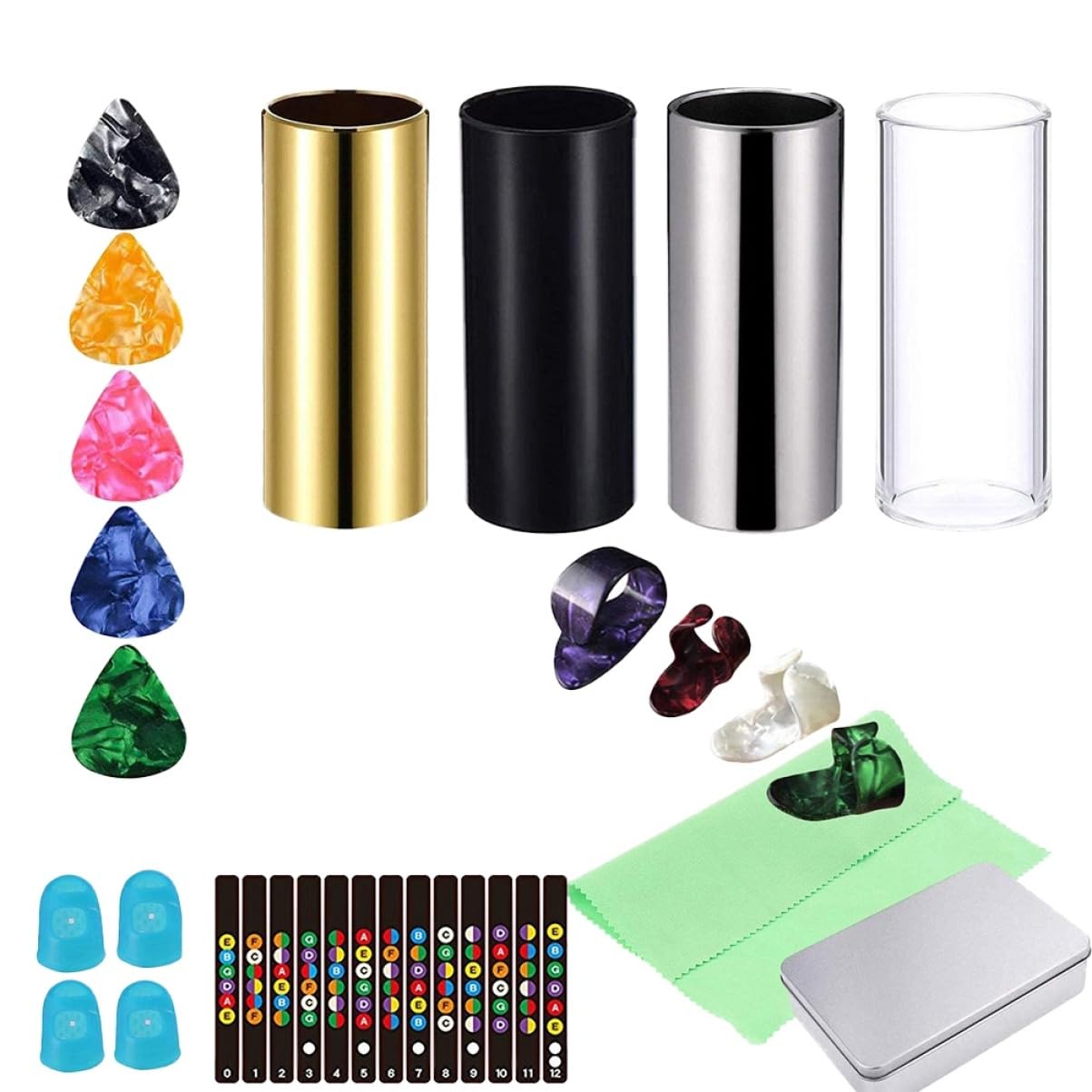 SUPVOX Medium Guitar Slides Set Metal Glass Slides with Finger Picks Thumb Picks for Acoustic Bass Guitar
