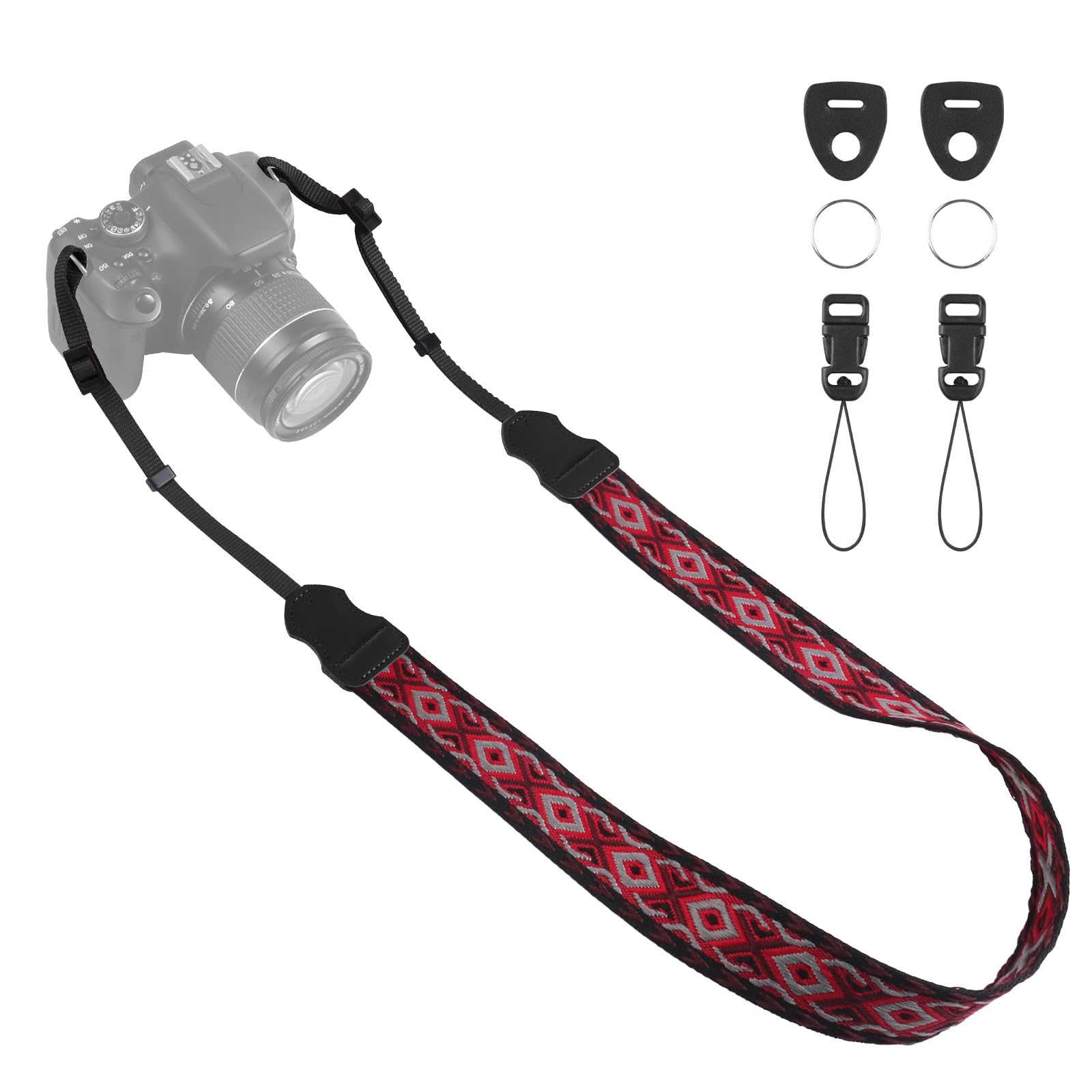 Universal Camera Strap - Camera Neck Strap, Adjustable Shoulder Straps Compatible with Canon, Fujifilm, Nikon, Olympus, Panasonic and other SLR and mirrorless cameras - Red White Grey Rhombus