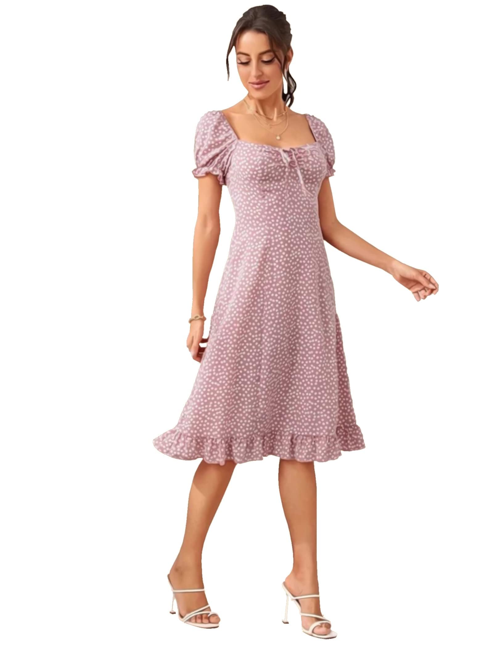 Women's Polyester Printed A-line Square Neck Half Sleeve Knee-Long Dress | Women Dress for Office-picture-17