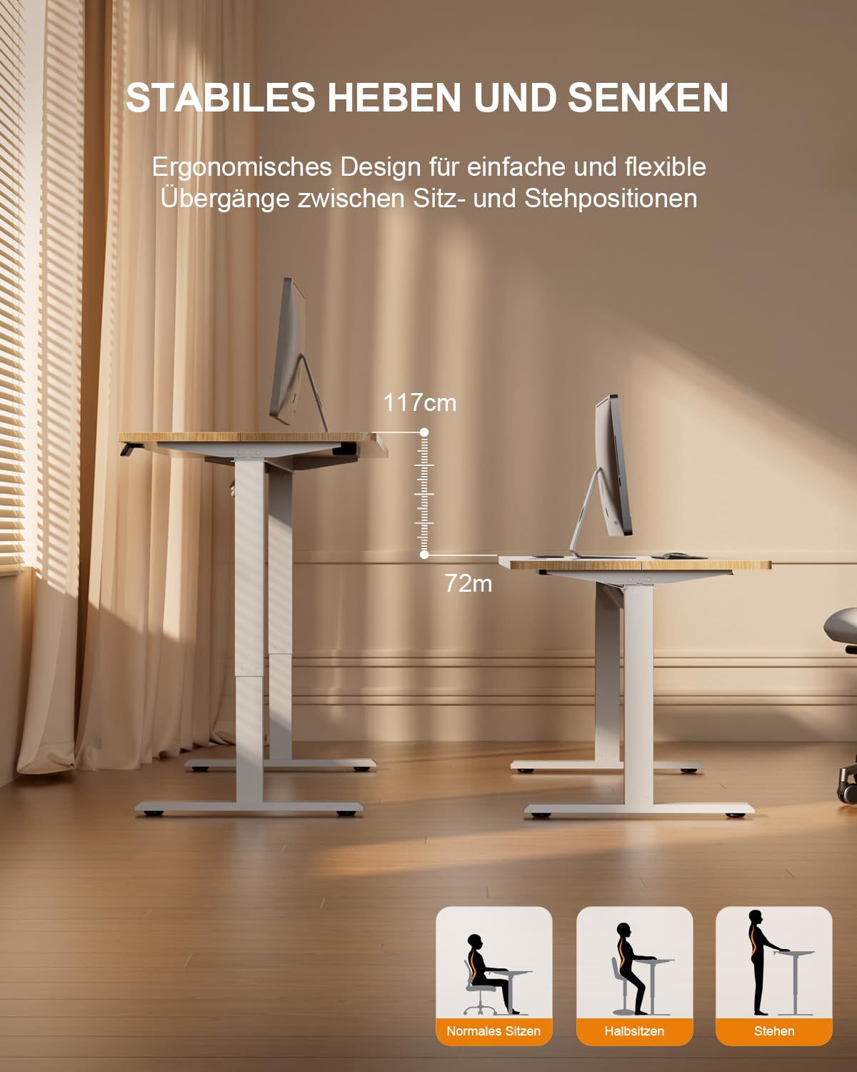 HLONONE Höhenverstellbarer Schreibtisch mit USB-Ladeanschluss und Steckdose, 120 × 60 cm Elektrischer Schreibtisch, Verstellbarer Computertisch mit 2-Funktions-Memory, Ahorn