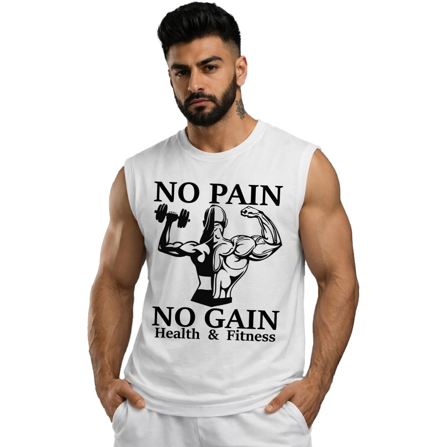 Men’s “No Pain No Gain” Gym Vest | Sleeveless Cotton Workout Tank Top for Men | Bodybuilding, Fitness & Training Wear-image-32