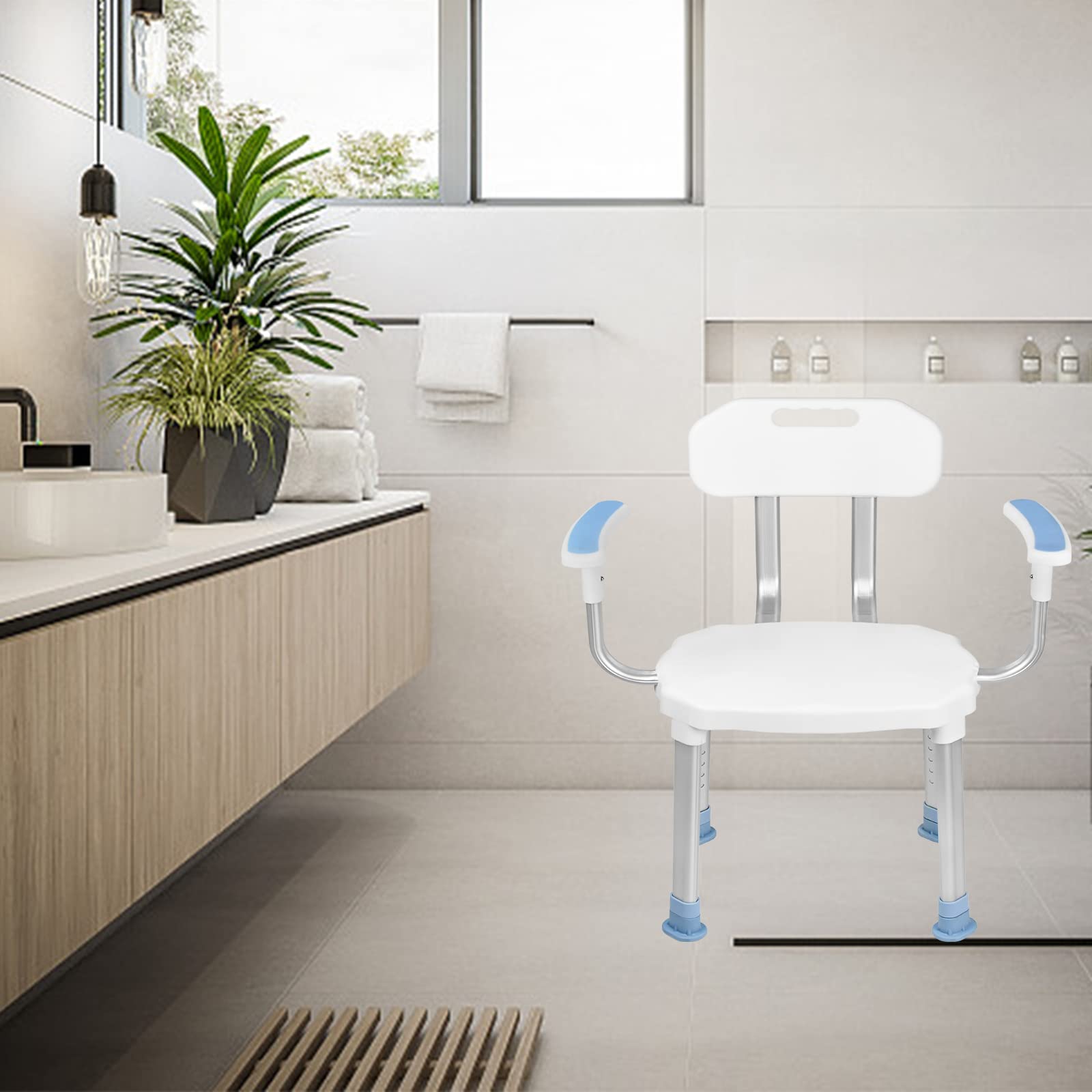 Aufun Silla de Ducha con Respaldo y reposabrazos,Antideslizante,Taburete de Ducha Regulable en Altura,Silla de Ducha para Mayores- Tipo C,Blanco,CST-3066