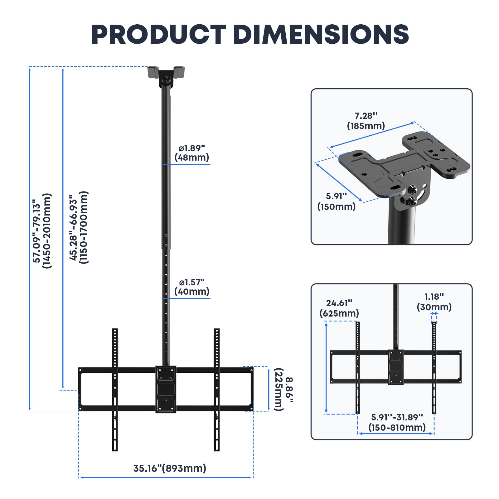 Supporto da soffitto per TV da 50 a 100 pollici, portata 80 kg, altezza e orientabile e inclinabile, con VESA fino a 800 x 600 mm, per ambienti commerciali e home theater