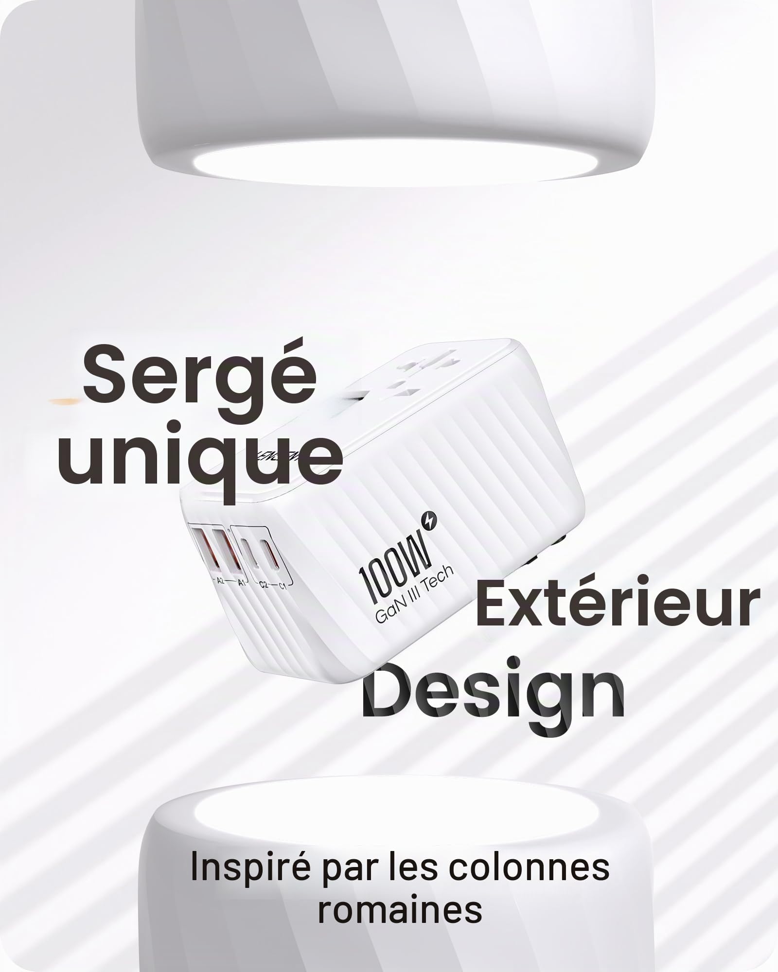 LENCENT 100W GaN3 Adaptateur Prise électrique 2 PD3,0 USB C+2 QC USB A