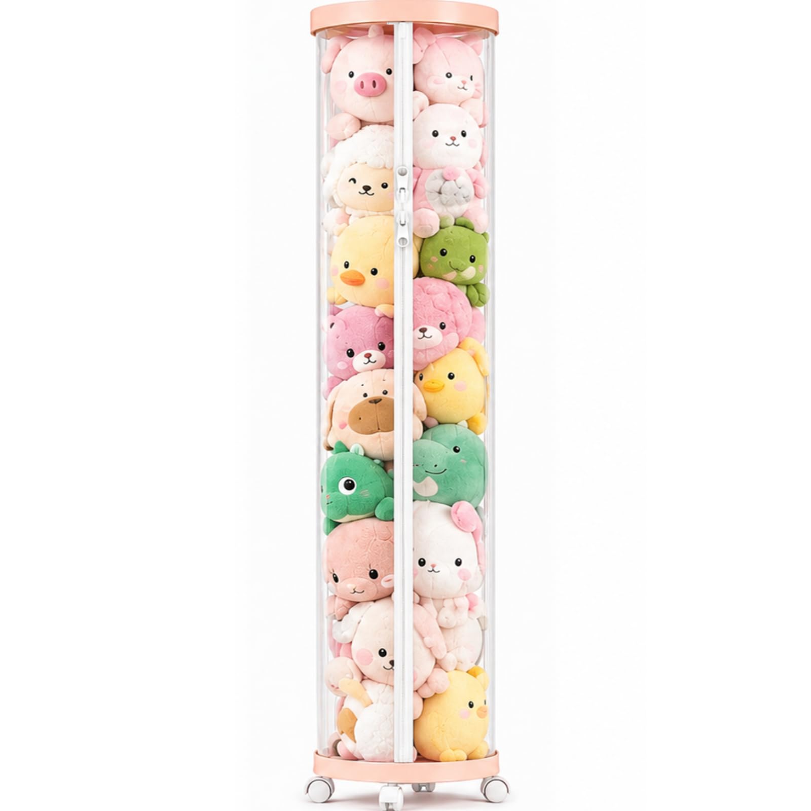 Tubo de almacenamiento mejorado para animales de peluche, organizador de felpa alto (150 cm) con 4 ruedas, cubo transparente de PET rosa y doble cremallera, almacenamiento de juguetes que ahorra