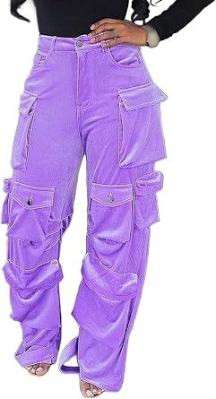 LKOUS Womens Velvet Cargo High Waist Straight Leg Y2K Casual Pants