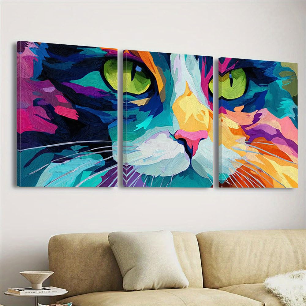 Cuadro abstracto de gato colorido para pared, 3 piezas, decoración moderna para el hogar (70x90cmx3/Sin marco)