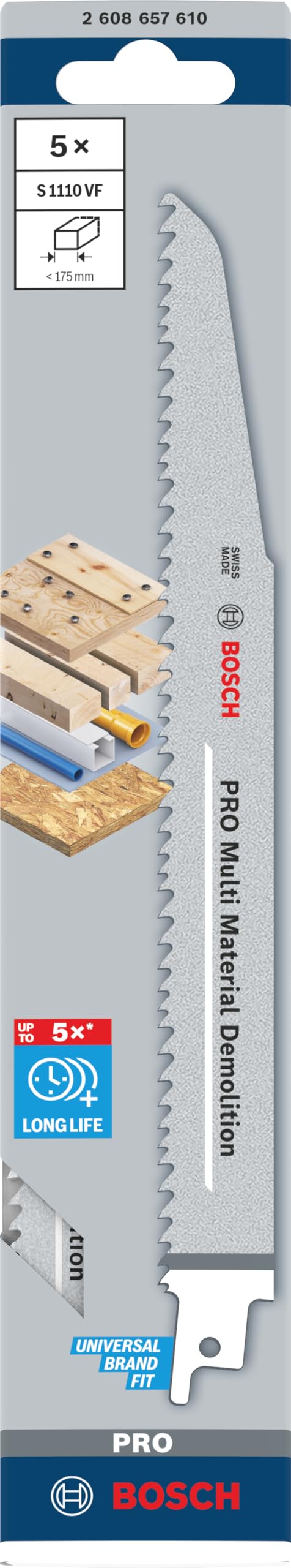 Bosch Accessories 5 unidades Hoja de sierra sable S 1110 VF Heavy for Wood and Metal (Longitud 225 mm, accesorio de sierra sable)