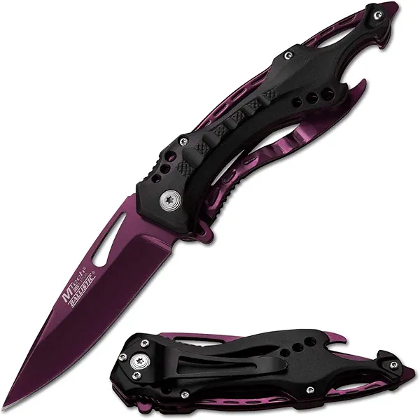MTECH USA Folding Knife, 3.75-Inch Half-Serrated Blade, Titanium Coating, Glass Breaker, Pocket Clip (Purple)