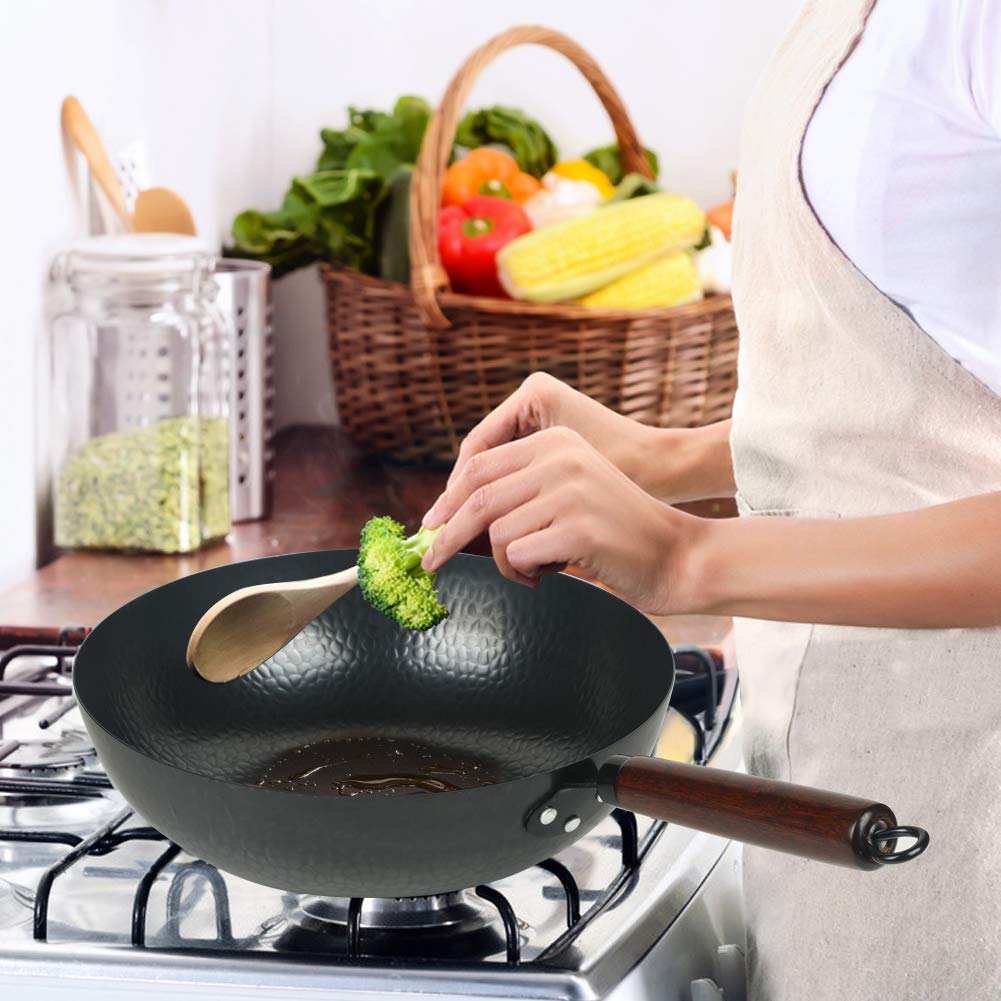 Bielmeier Hand Hammered Wok pan 14.1",Carbon Steel Wok with Wok Ring, Round Bottom Woks and Stir