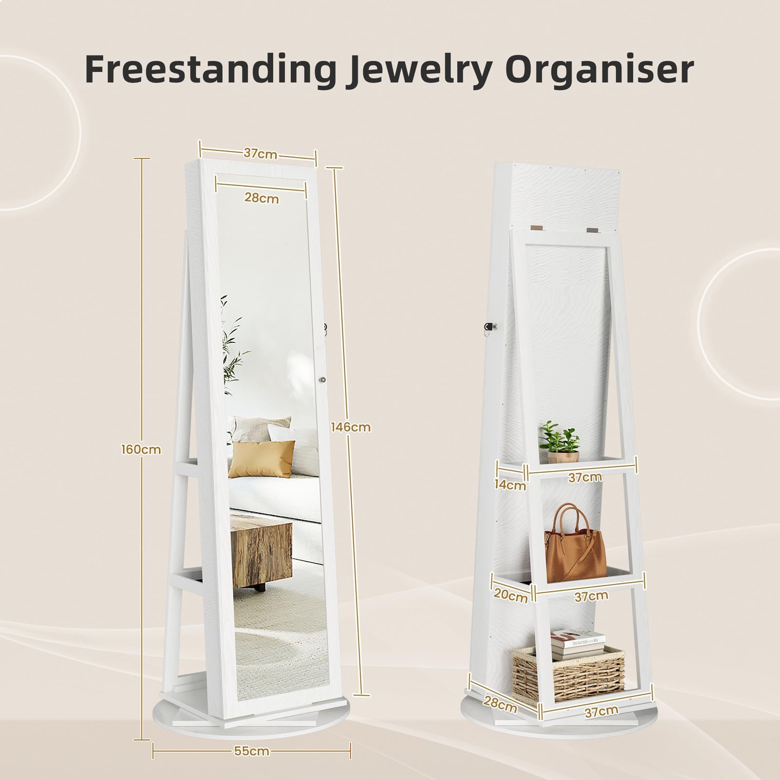 Dripex Schmuckschrank mit Spiegel, Standspiegel stehend, 3 in 1 Schmuck Organizer mit Ablagen, 360° - weiß