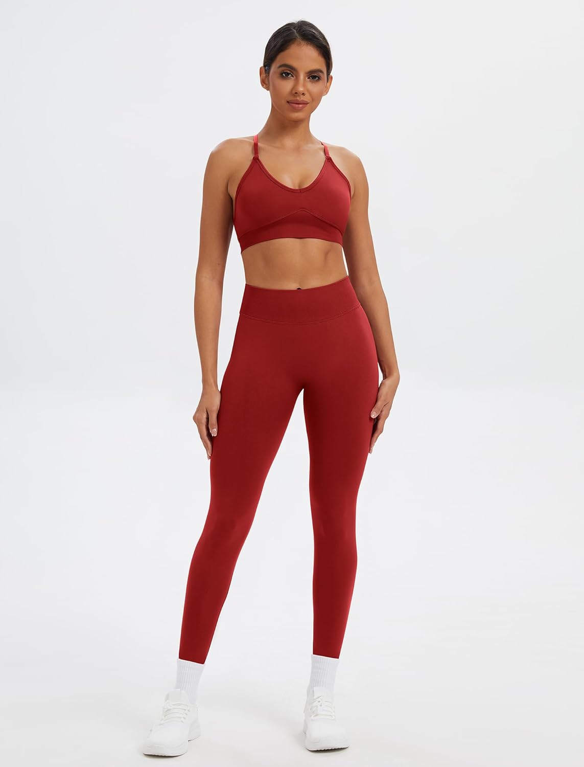 Womens Seamless Workout Sets V Neck Straps Sports Bra Tummy Control Scrunc Butt High Waist Leggings 2 Piece Gym Sets - Image 2