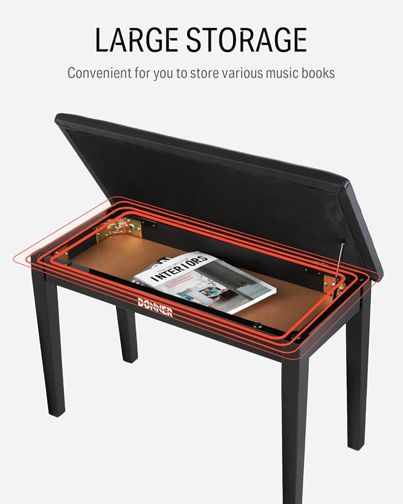 OFFICEJOY Piano Bench, Solid Wood Keyboard Bench W/Storage Compartme