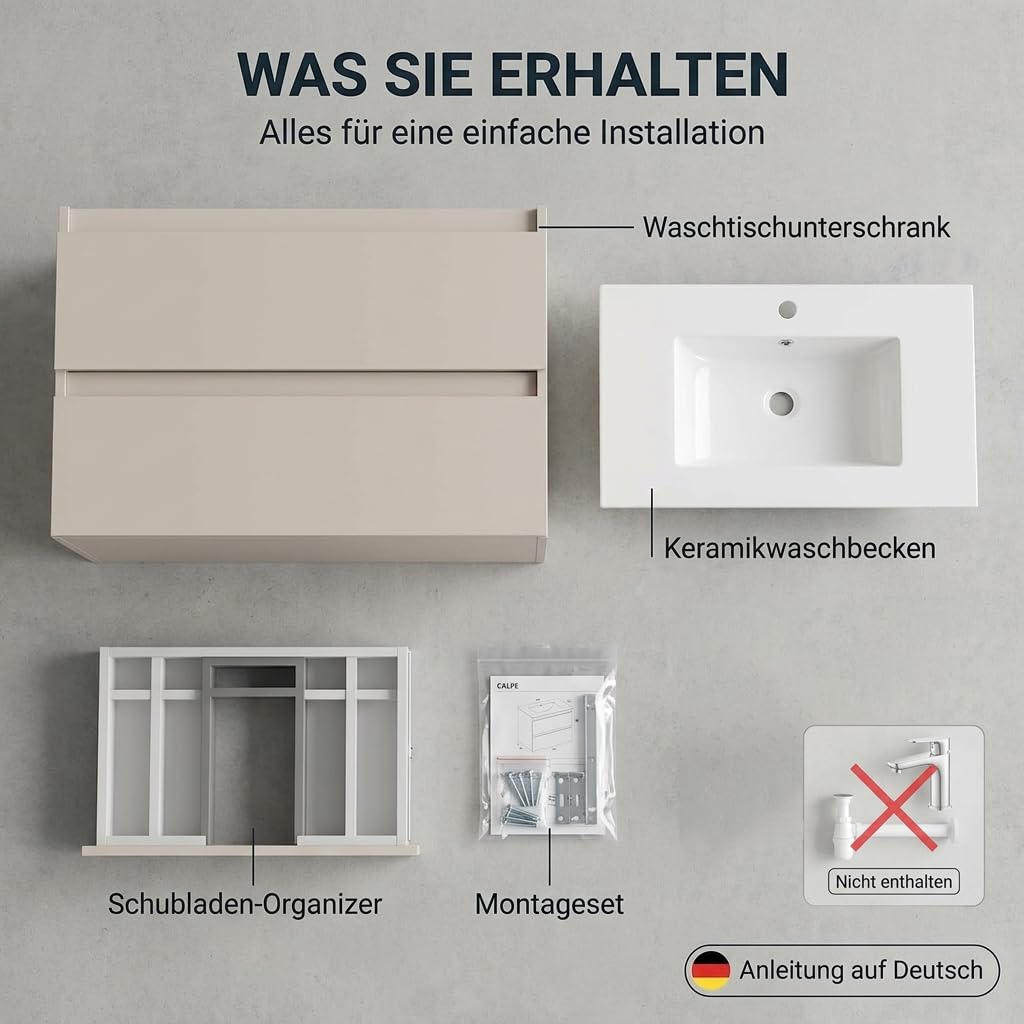 Waschbecken mit Waschtischunterschrank CALPE Breite, wandhängend mit Schubladen, Keramikwaschbecken, Farbe: Kaschmir Beige, Matt (Kaschmir, 80)