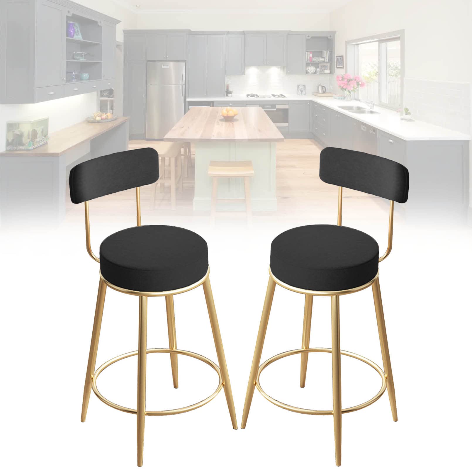 Tabourets de bar ronds en velours avec dossier chaises de bar hauteur 25.6" pour cuisine