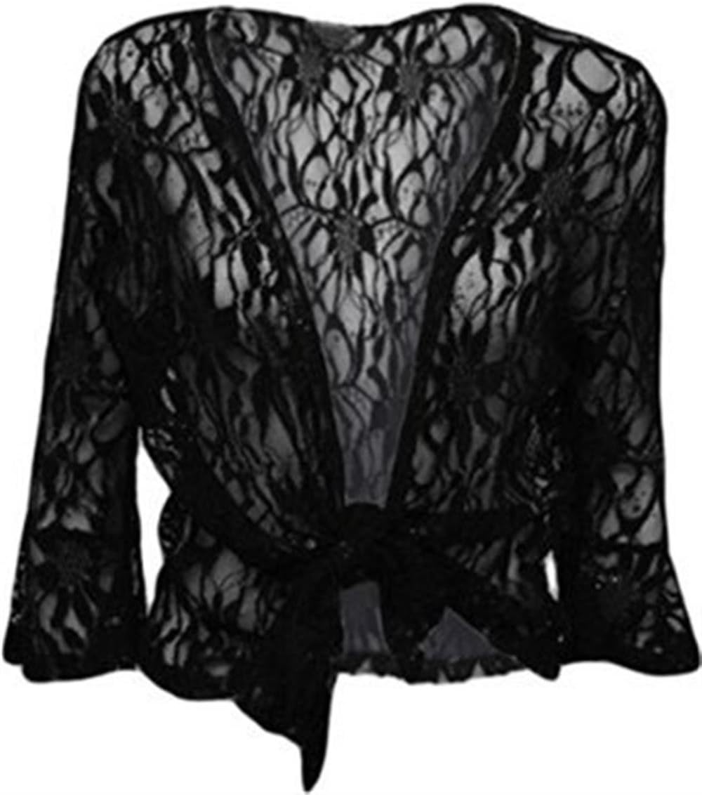 CHOCOLATE PICKLE New Ladies Plus Size TIE UP 3/4 Flared Sleeve Shrug LACE Sequin Bolero TOP 12-26