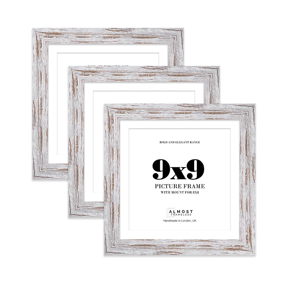 9x9" Distressed Wood Square Frame With Mount for 8x8" Pictures 28mm Edge Frame Display with Wall Hooks and Kickstand, 3 Pack