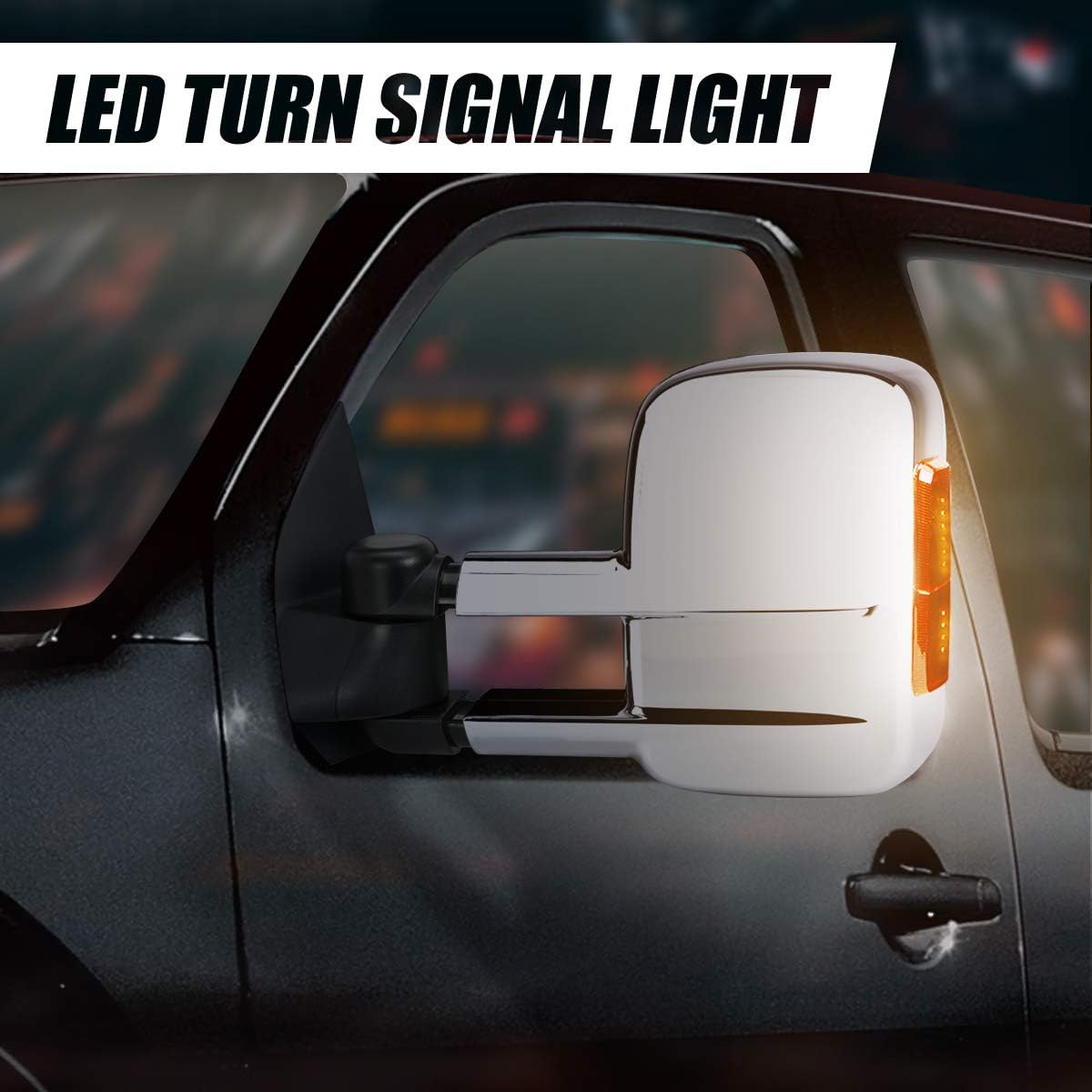 Auto Dynasty Pair Chrome Power Heated Amber LED Turn Signal Light Side Towing Mirrors Compatible with Silverado Sierra 99-02