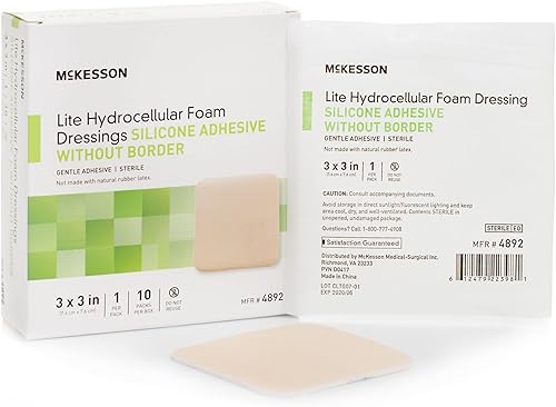 McKesson Lite - Apósitos de espuma hidrocelular, estériles, adhesivo de silicona sin borde, 3 x 3 pulgadas, 10 unidades, 1 paquete