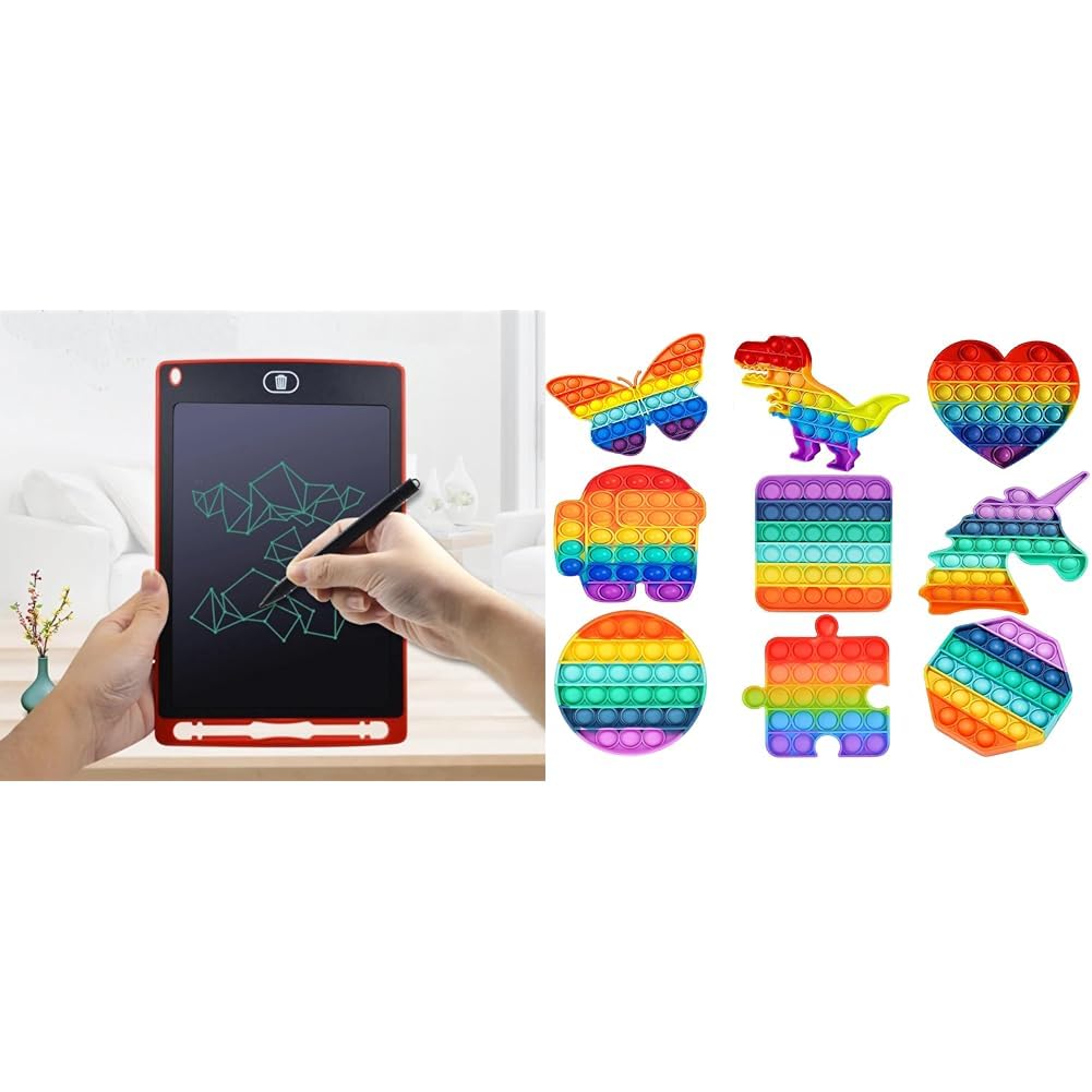 VGRASSP LCD Writing Pad Tablet Toy Cum Slate with Stylus for Kids 8.5 inches (Multicolor, Colour As Per Stock) & VGRASSP Pop It Fidget Sensory Toys, Pack of 1 - Color as Per Stock (Random Design)