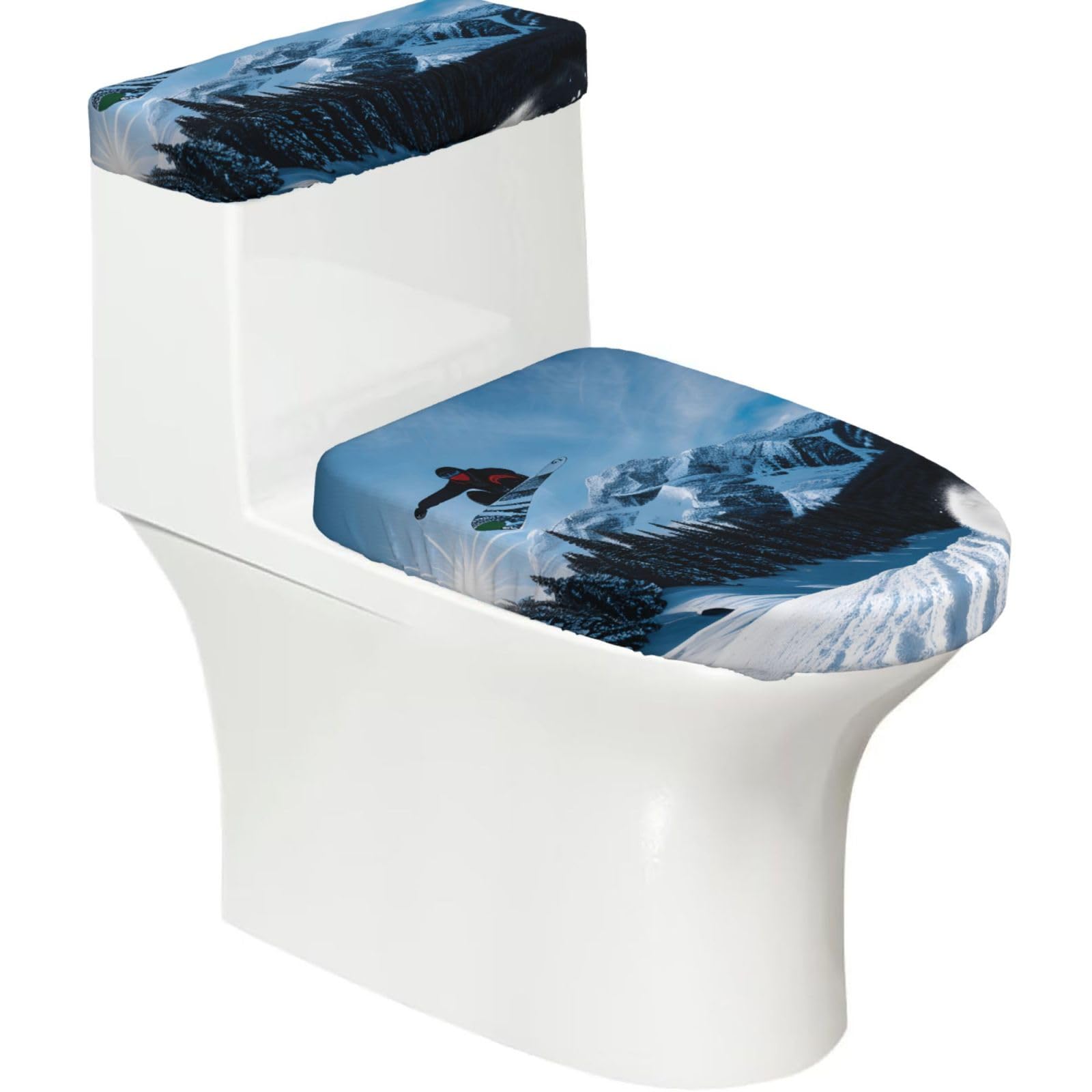 Snowboarding Printed Toilet Tank and Lid Cover Set of 2 for Most Bathrooms, Fits Elongated Round Toilets