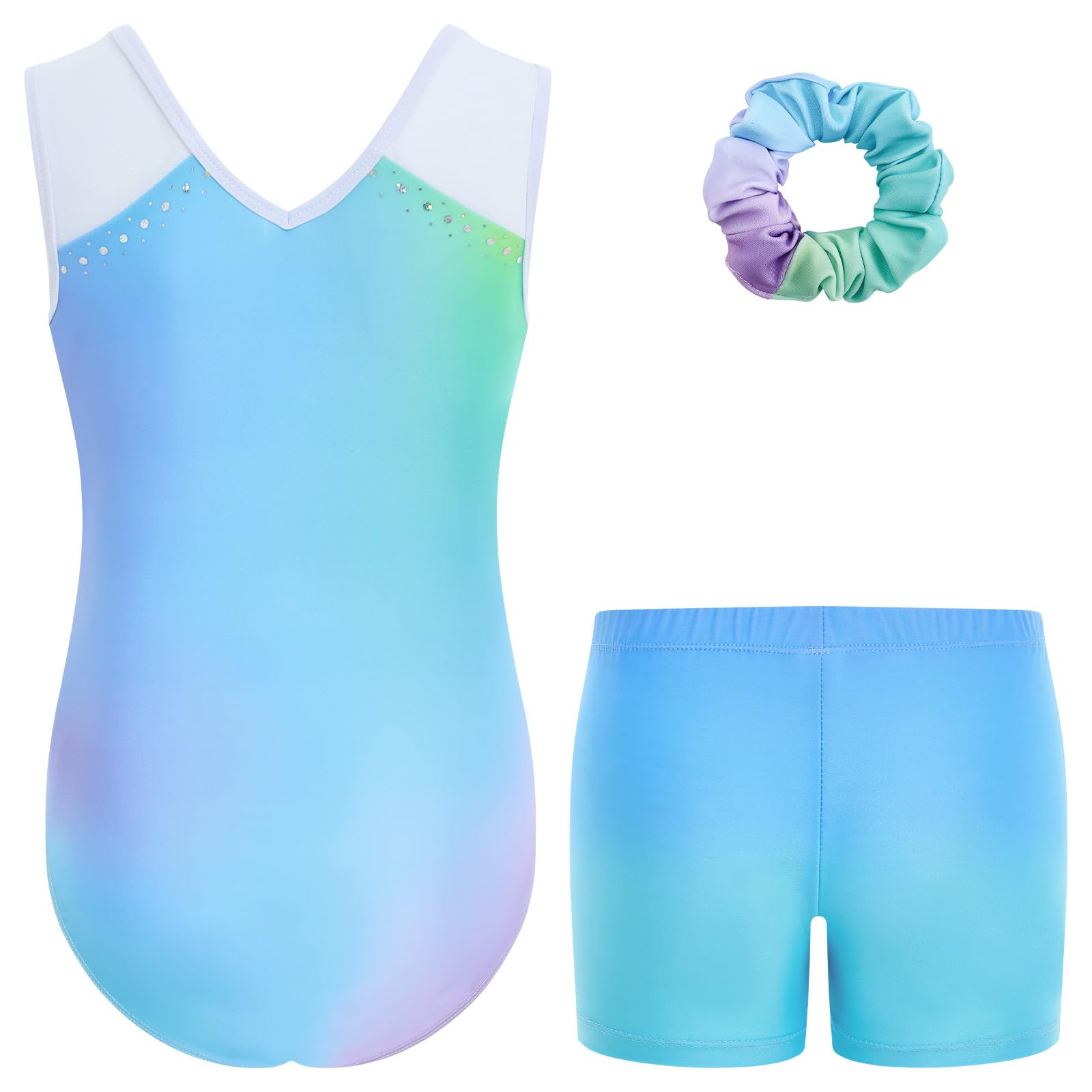 Gogokids Conjunto de 3 piezas de gimnasia para niñas, cuello en V, con purpurina, leotards, para niños, con pantalones cortos y goma para el pelo para ballet, yoga y actuaciones, edades 3-12