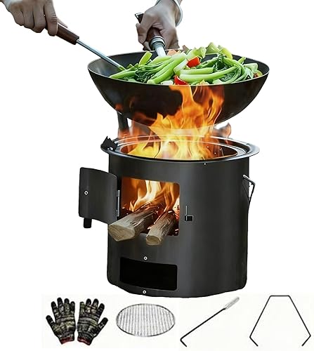 Portable Wood Stove - Lightweight Picnic Burner with Handle - Camp Stove with Grill Grate and Gloves - for Outdoor Backpacking Hiking Cooking