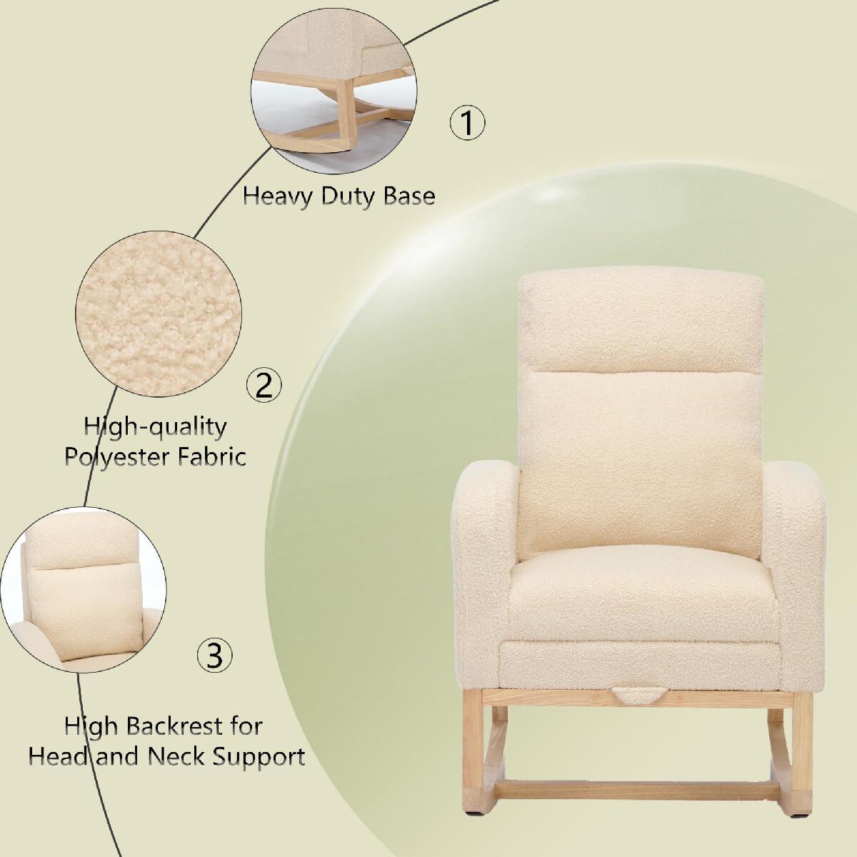 Modern Accent Rocking Chair Rocking Chair with Solid Wood Legs, Upholstered Nursery Glider Rocker, Comfy Armchair with Side Pocket, Living Room Lounge Arm Chair with High Backrest Teddy