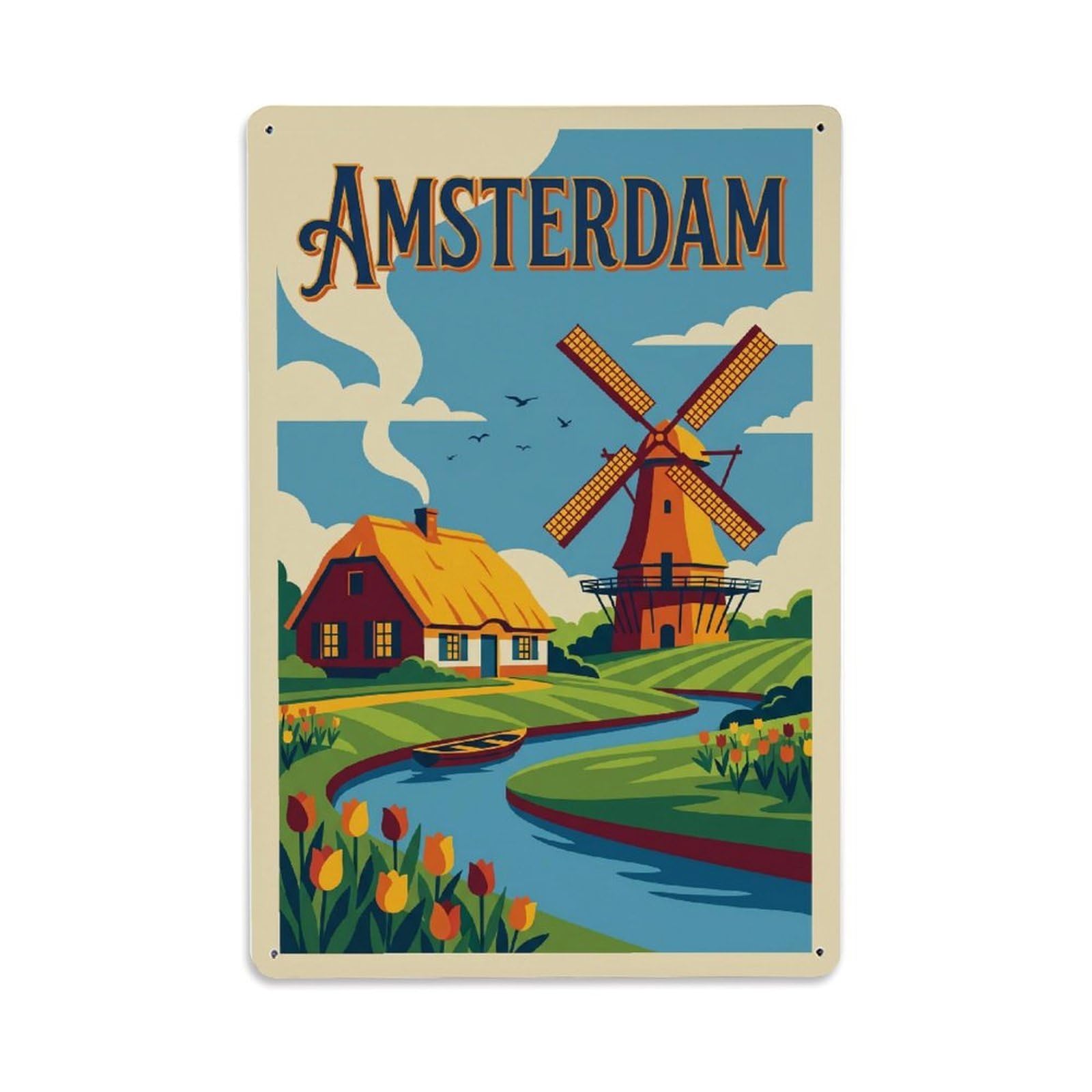 Vintage Travel Farmhouse Netherlands Rural（1） Metal Tin Sign Plaque Wall Decor for Cafe, Club Bar, Office, Home Garden Metal Poster 8x12Inch
