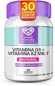 Vitamina D3 2000ui + Vitamina K2 Mk-7 Mastigável sabor Morango - 30 Doses