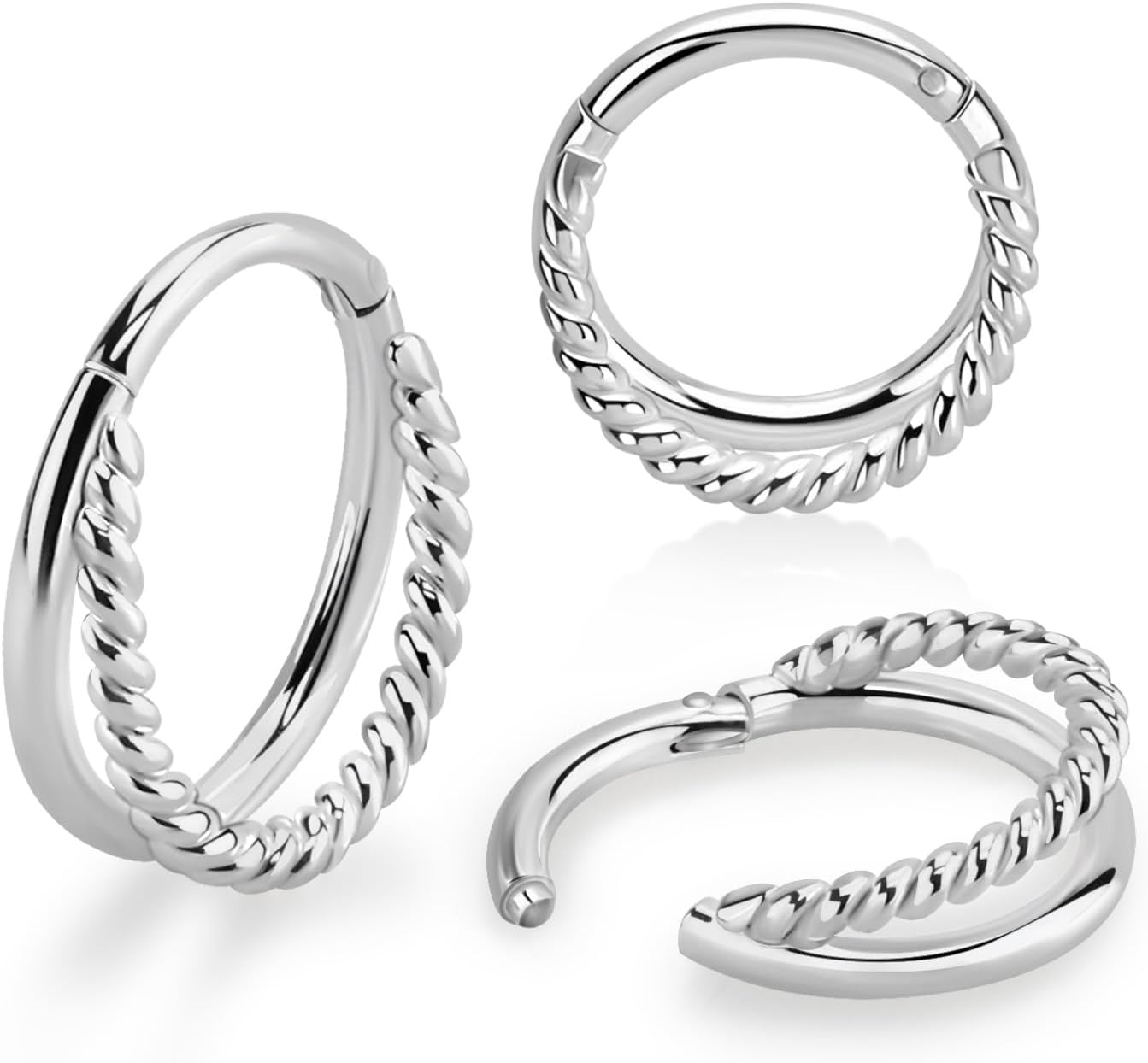 Pierced Owl 16GA 925 Sterling Silver Double Twisted Wire and Plain Hoop Hinged Segment Clicker Ring - Image 4