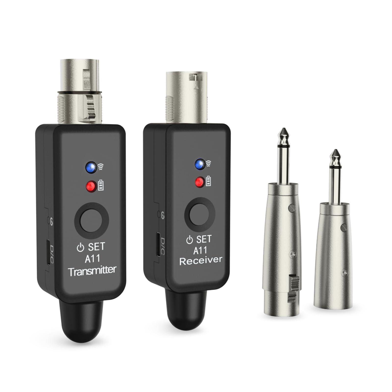 A11 2,4GHz Drahtloses Mikrofon-System – Transmitter & Receiver mit 4 Kanälen, Plug-on XLR-Adapter, geeignet für dynamische/Kondensatormikrofone, Audiomixer (1TX + 1RX)