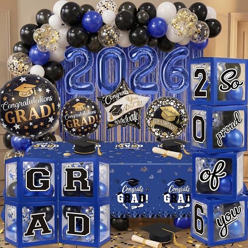 Image of Black and Blue Graduation Decorations Class of 2026 - Graduation Balloon Boxes, Balloon Arch Garland Kit, Fringe Curtains, Party Decorations 2026 for Any Grades
