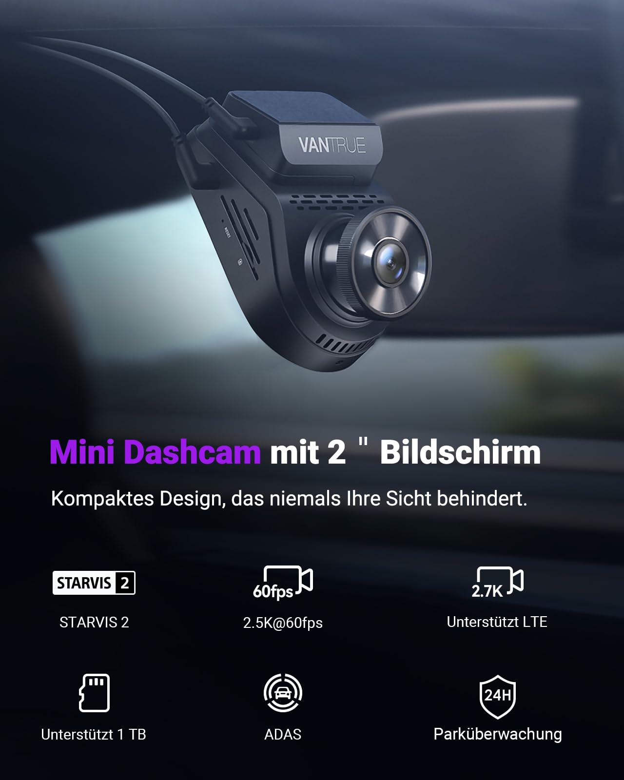 VANTRUE S1 Pro 2.7K 60FPS Dashcam Vorne STARVIS 2 Nachtsicht Versteckte | 5GHz WiFi Dash Cam Auto ADAS, Sprachsteuerung , GPS, 15 Sekunde Voraufnahme,24/7 Puffer Parkmodus, DSGVO-konform, Max 1TB