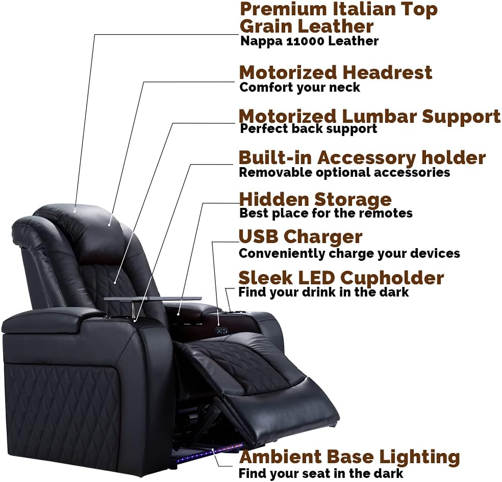 Valencia Tuscany Home Theater Seating | Premium Top Grain Italian Nappa 11000 Leather, Power Reclining, Power Lumbar Support, Power Headrest (Row of 2, Dark Chocolate) : Home & Kitchen