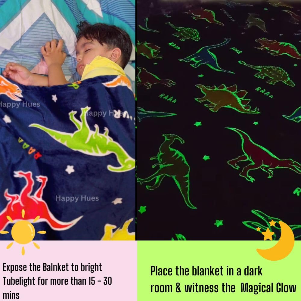 Happy Hues® Glow in The Dark Blanket Kids-Teens Boys & Girls Travel Lightweight Throw Blankets Soft & Fluffy for Kids (HH-Dinosaur DB)