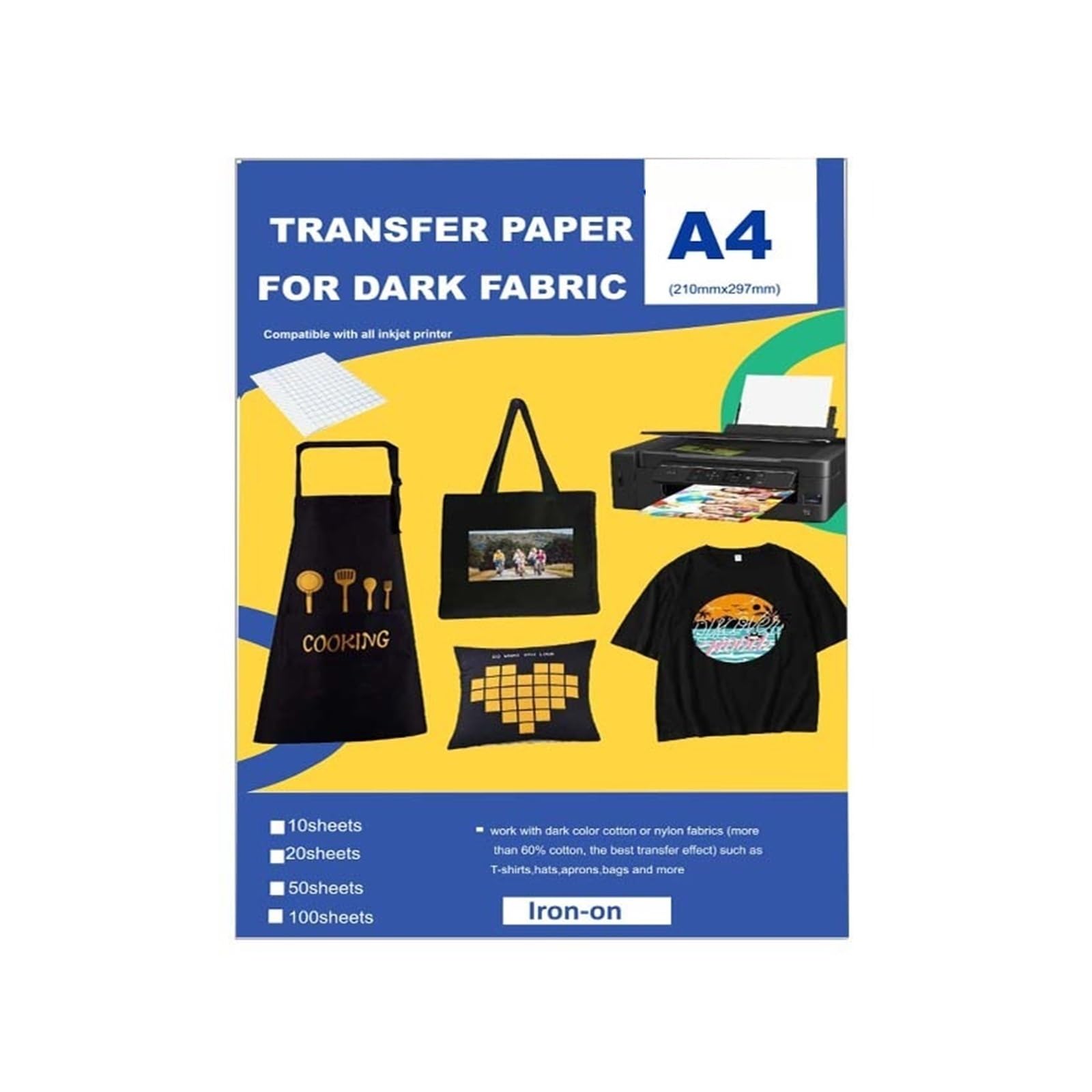 Papier termotransferowy na koszulki A4 Winyl termotransferowy do druku, żywe kolory i trwałe prasowanie na papierze transferowym do ciemnych tkanin Lucky (Color : 10PCS)