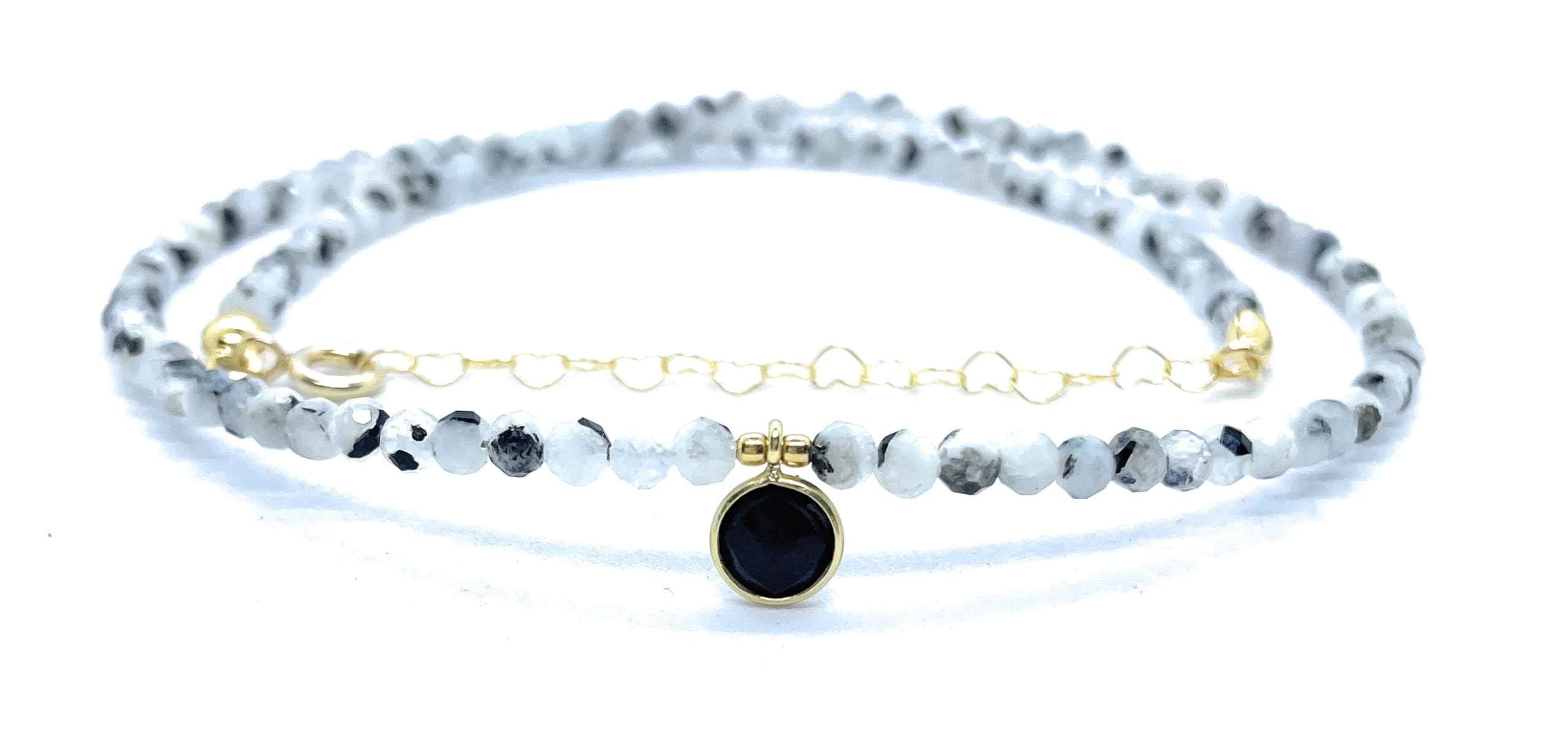 Gargantilla de Piedra Luna Natural con Turmalina Negra 3mm, Colgante de Ónix, Plata 925 Chapada en Oro 24K, 40-45cm Ajustable